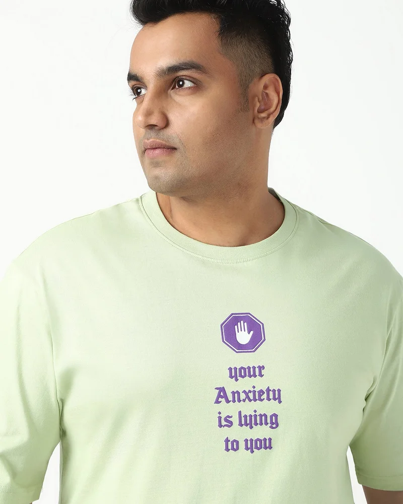 bewakoof Men's Fog Green Anxiety Graphic Printed Oversized Plus Size T-shirt